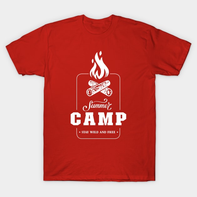 Summer Camp Stay Wild and Free Camping Wildlife Born to Camp Forced To Work Dark Background Camping Campfire Summer Design T-Shirt by ActivLife